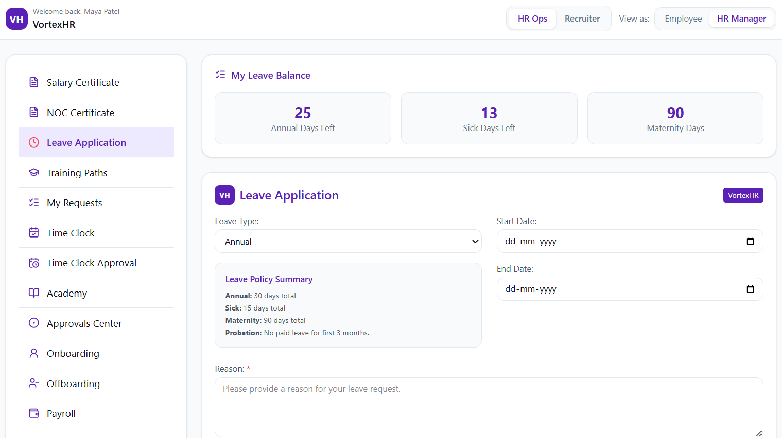 Vortex HR employee self-service and recruitment pipeline inside Bitrix24 for a UAE brokerage