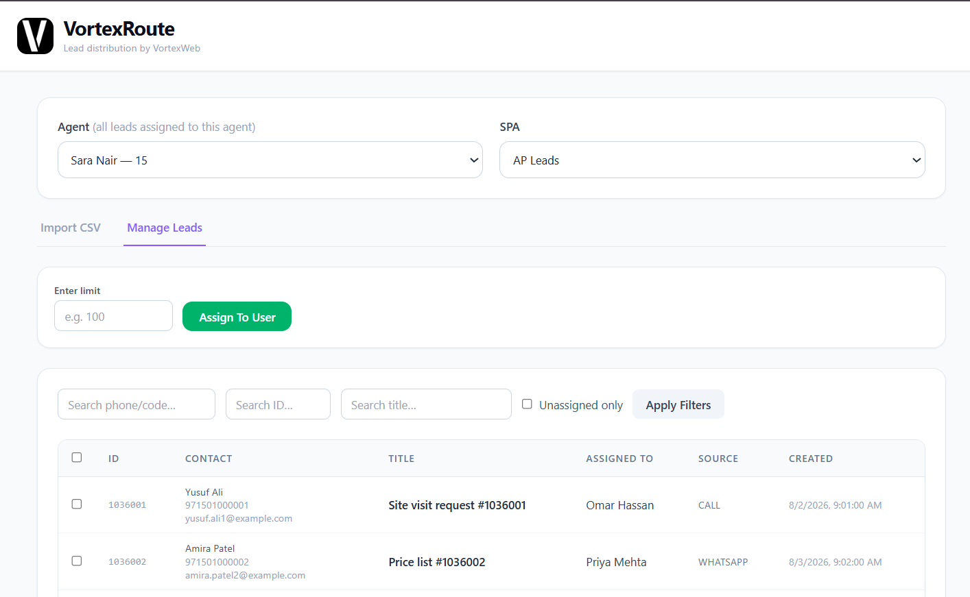 Vortex Route assigning an uploaded lead file to an agent in a Bitrix24 pool